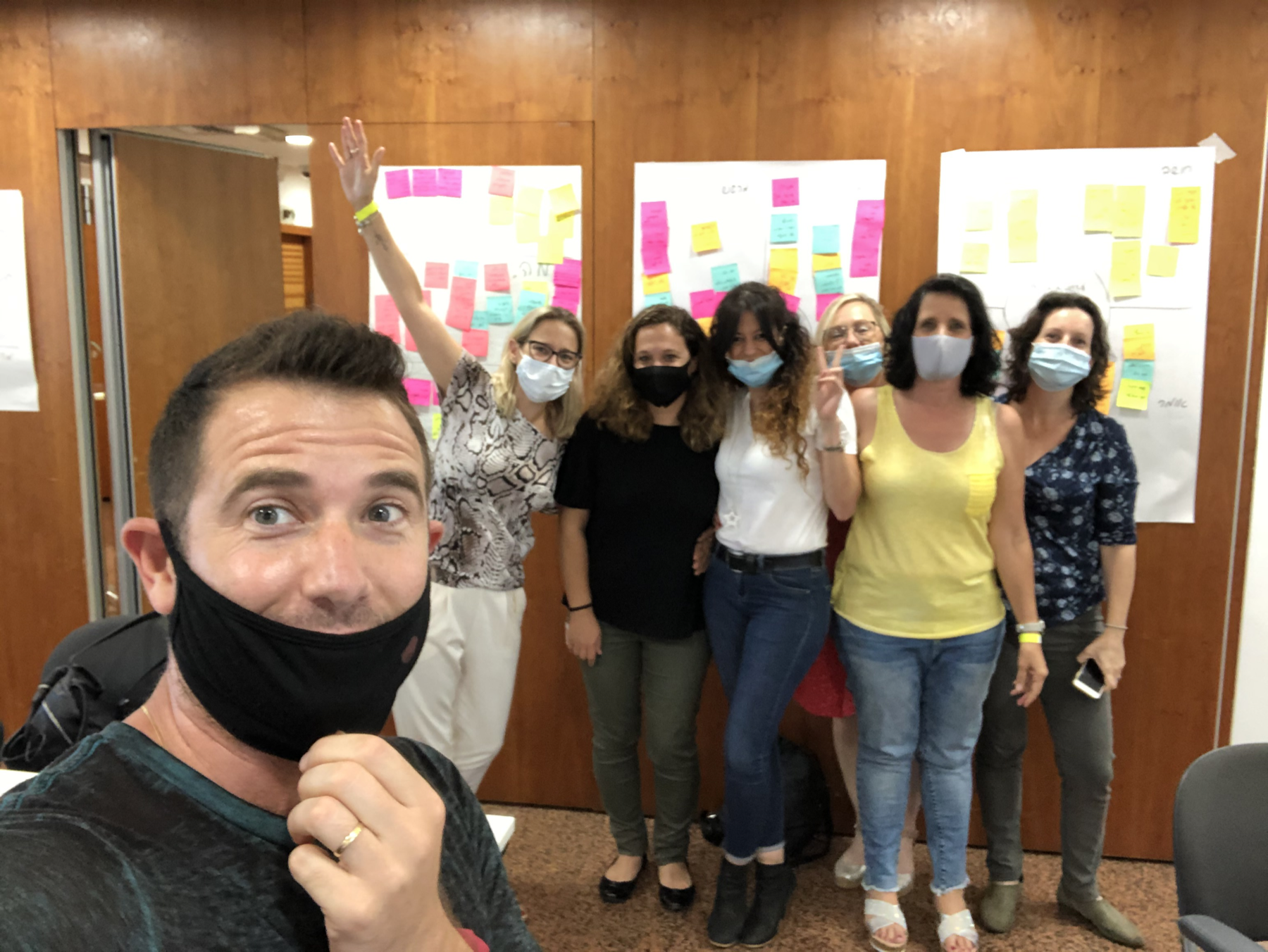 Bank Hapoalim workshop: team selfie after sticky-note session