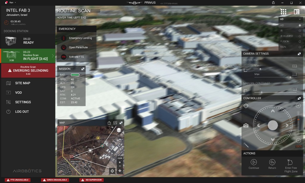PRIMUS mission control during a routine scan, with emergency actions beside the live map