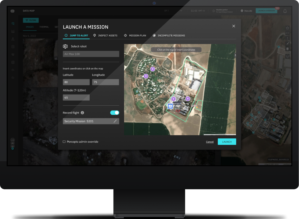 AIM launch dialog: select a robot, set coordinates, and launch a security mission on the map