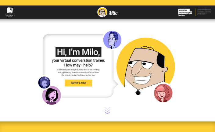 Milo landing page: a virtual conversation trainer, with a prompt to try it