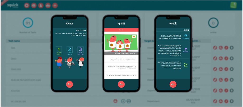Three Squick phone screens in front of the admin: a character choice, a question with illustrated answers, and a results screen